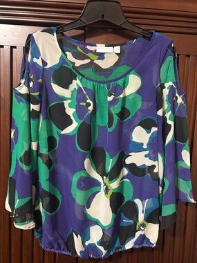 New York & Company Purple, Green & White Cold-Shoulder Floral Blouse